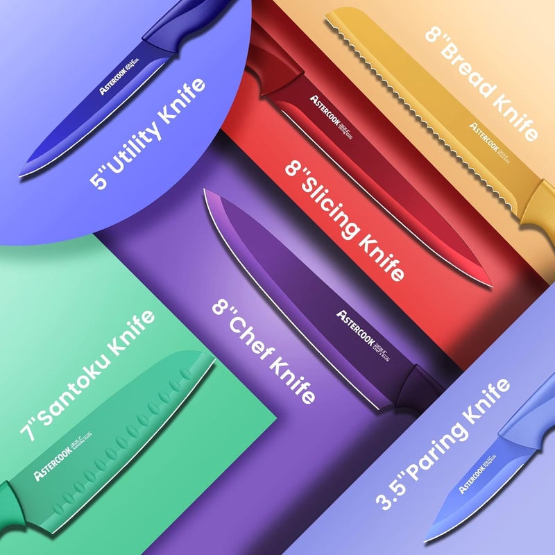 Astercook Knife Set, 12 Pcs Color-Coded Kitchen Knives Set, 6 Color Anti-Rust Coating Stainless Steel Chef Knife Sets with 6 Blade Guards Dishwasher Safe - Image 4